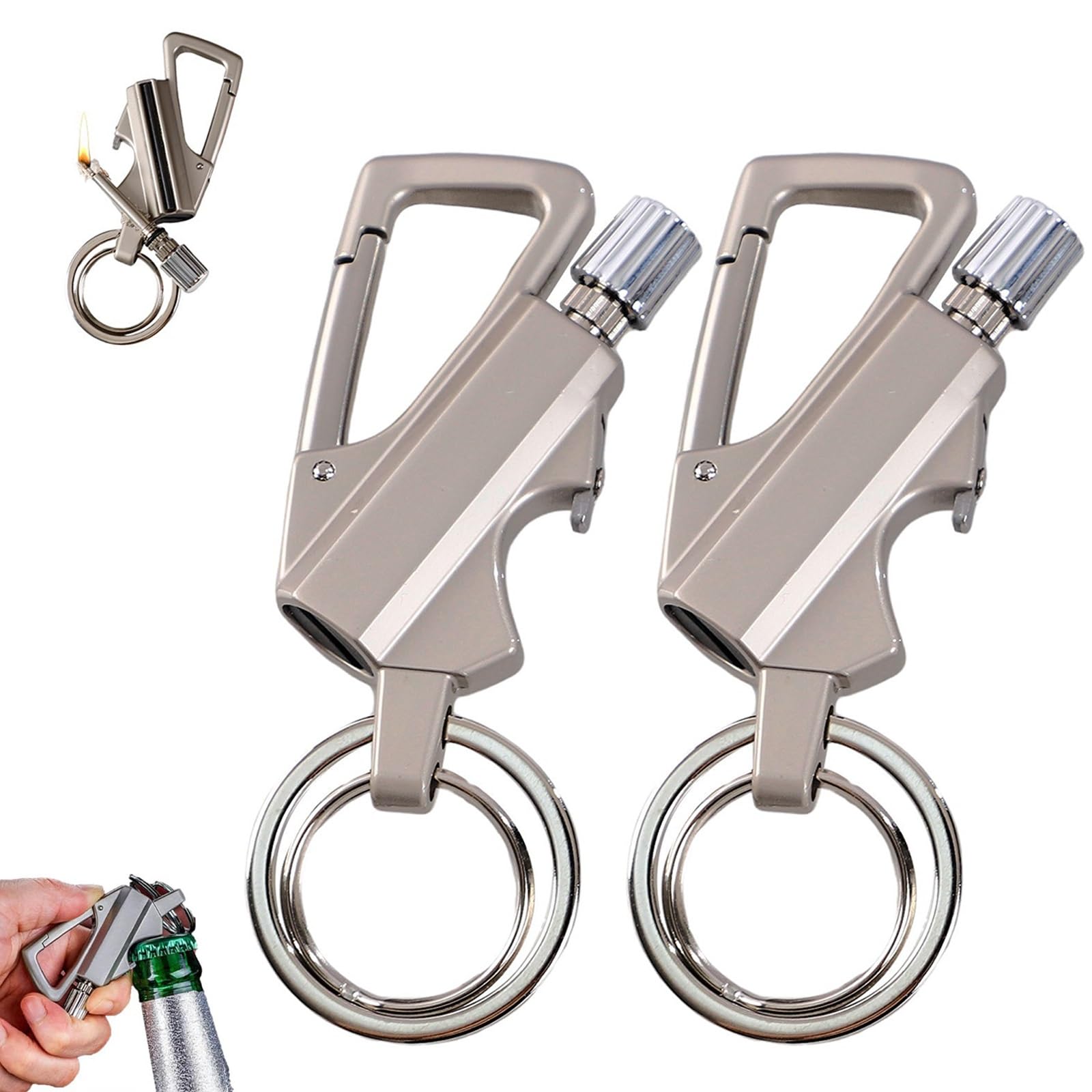 Keychain Lighter， 2 Pack Metal Match Kerosene Lighter， Reusable Waterproof Windproof Permanent Strike Anywhere， with Multitool Bottle Opener, for
