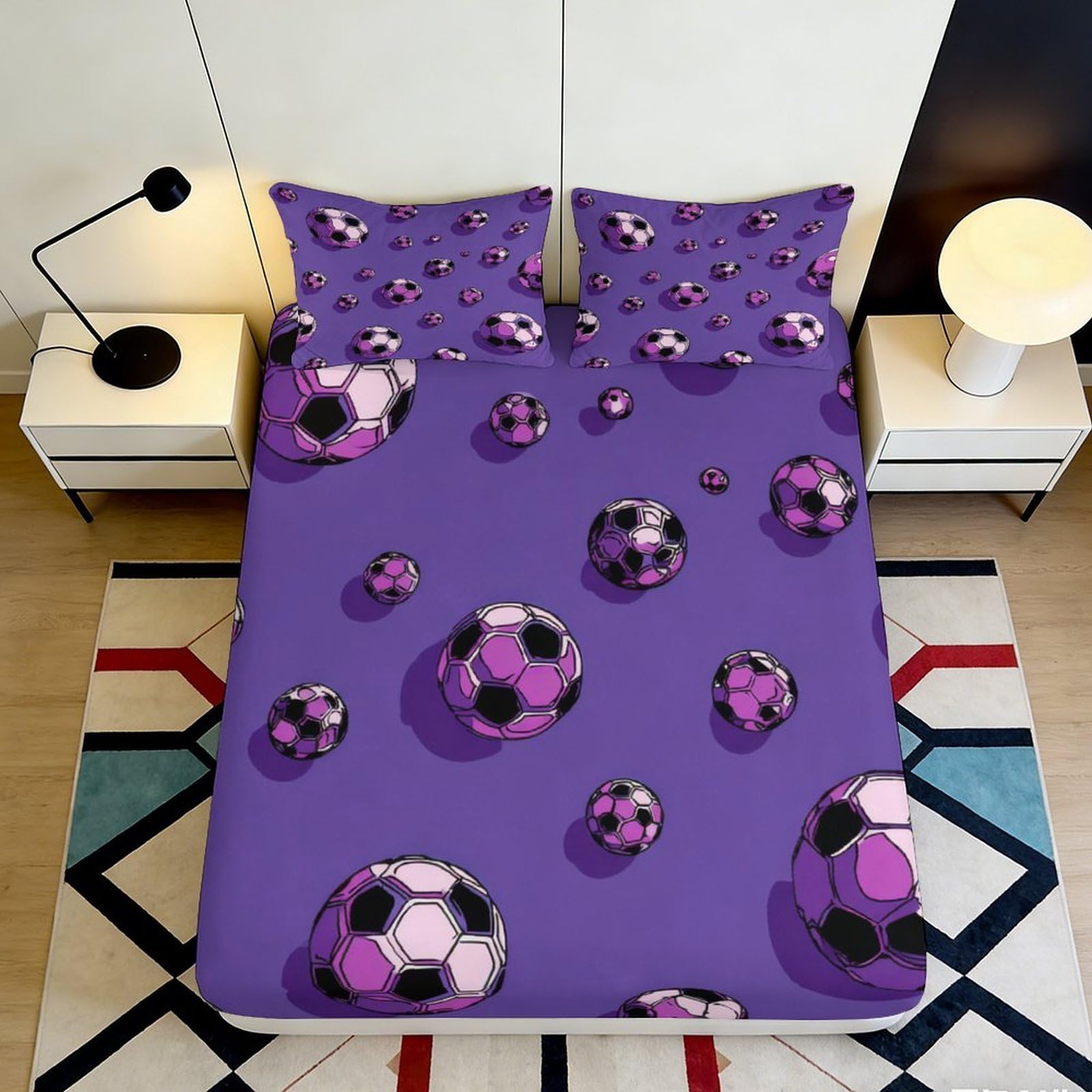 3D Printed Purple Soccer Balls Fitted Sheet Microfiber Anti-Slip Bed Sheet for Bedroom Dorm Mattress Cover 90x200x25cm