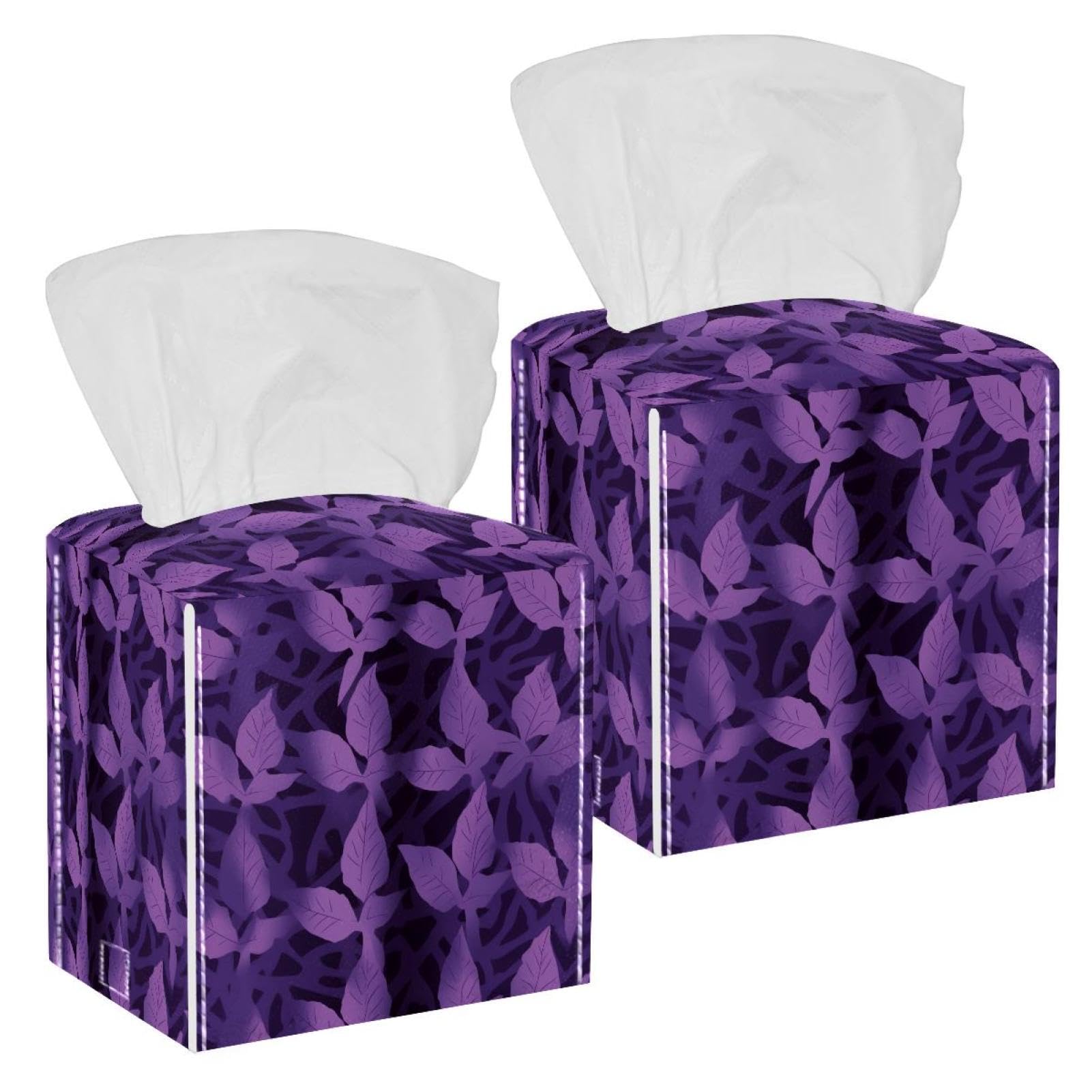 Artistic Leaves Tissue Box Cover, 2 Pack PU Leather Square Facial Tissue Dispenser Box holder for Home Office Car