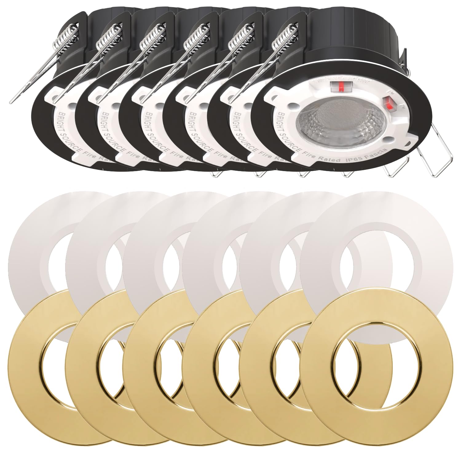 Bright Source All in One Switchable Wattage 4W/6W Integrated LED Downlight, White & Brass Bezel Bundle, TRIAC Dimmable, Adjustable Colour 2700K 3000K 4000K 6000K, IP65, Fire Rated, 6 Pack