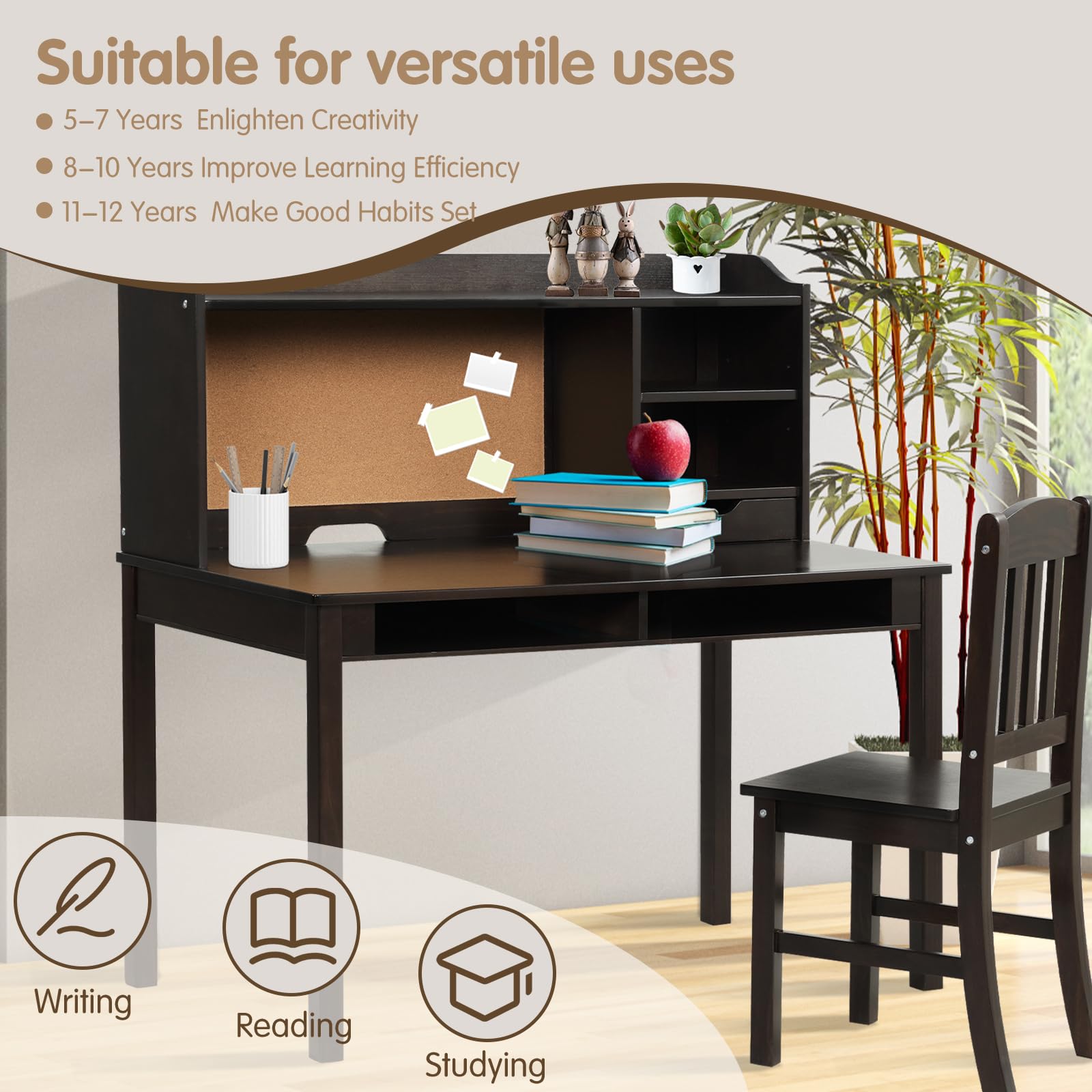LIFEZEAL Kinderschreibtisch mit Stuhl Set, Multifunktionaler Kinderlerntisch Holz mit Regal & Schublade & Pinnwand, Tischset und Stühle Schüler für Kinderzimmer (Braun)