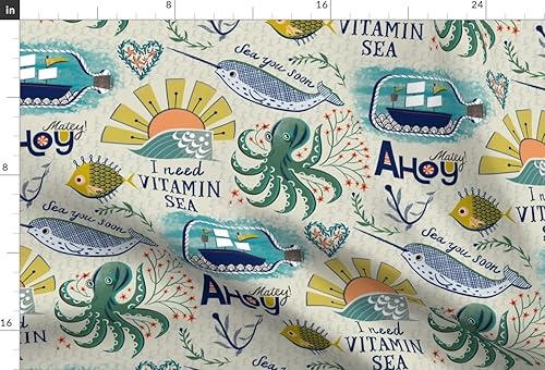 Miniatura 2 de Spoonflower Fabric - Sea Tattoos Vintage Retro Beach Waves Ocean Octopus Printed on Chiffon Fabric by The Yard - Sewing Fashion Apparel Dresses Home