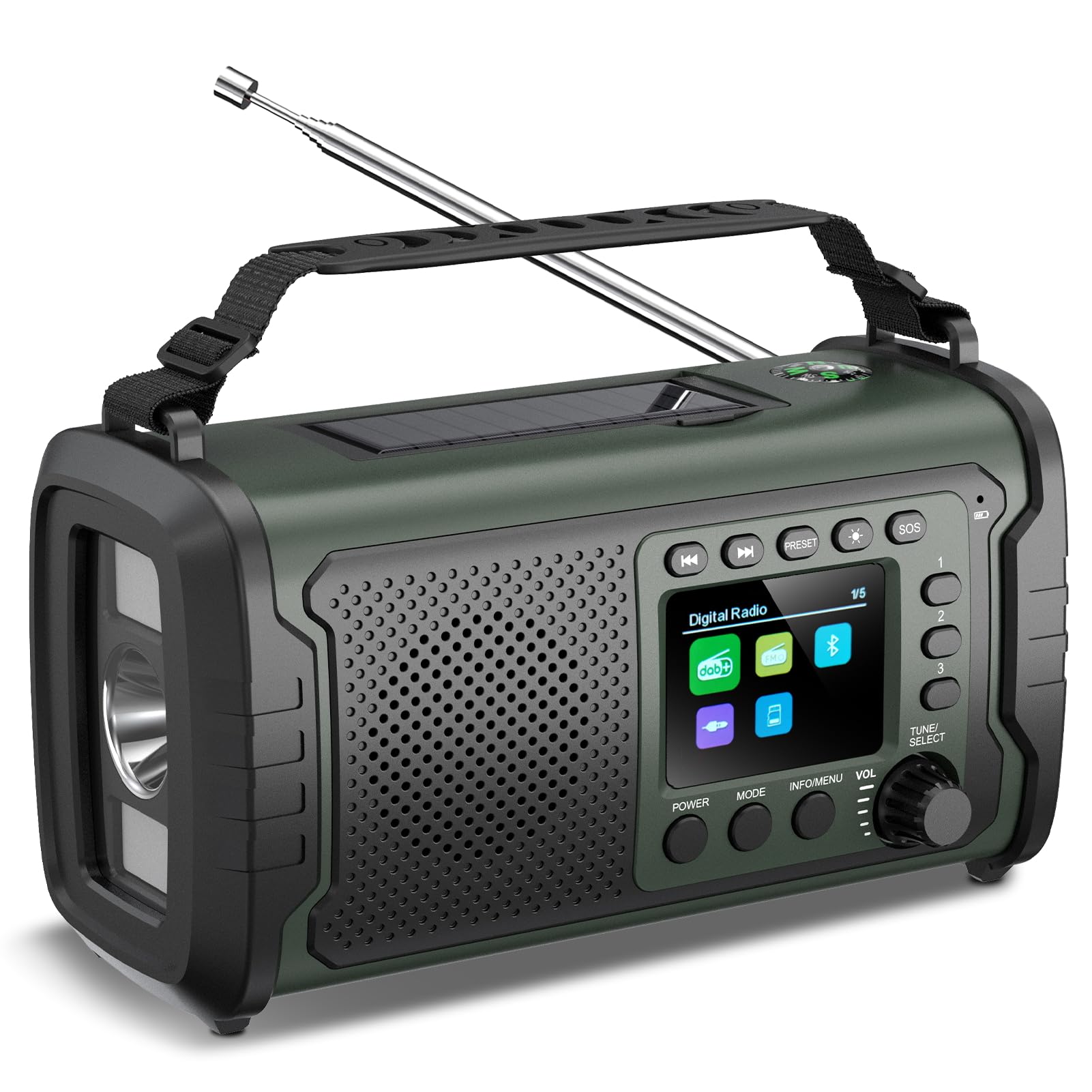 Radio Dab+/FM 27000mAh à Manivelle et Solaire – Radio d’Urgence avec Powerbank, Bluetooth 5.3, SOS, Lampe et Boussole pour Camping et Outdoor (Vert armée)