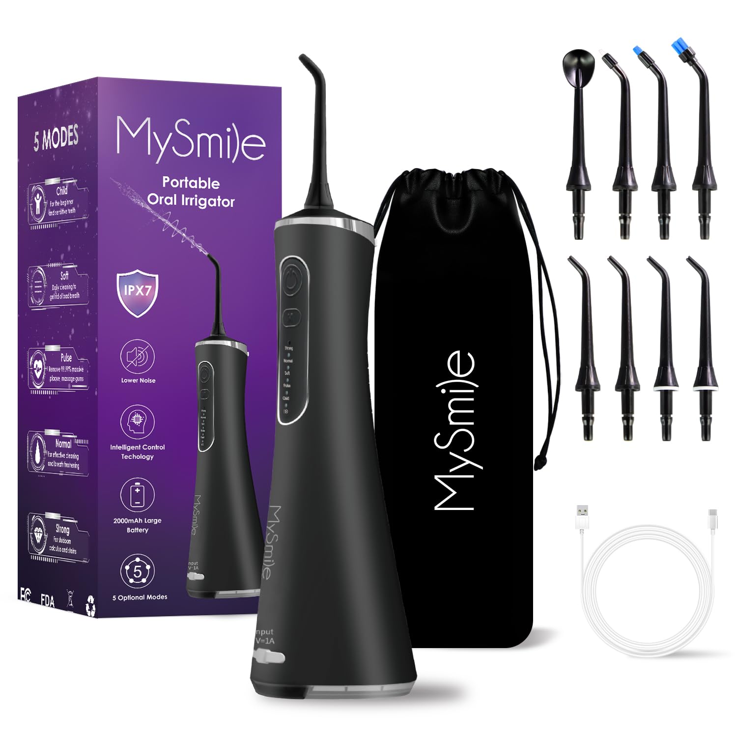 – MySmile LP211 Cordless Advanced Water Flosser for Teeth 5 Cleaning Modes Rechargeable Power Dental Flosser 8 Replacement Jet Tips IPX 7 Waterproof Dental Irrigador with Travel Storage Pouch (Black)