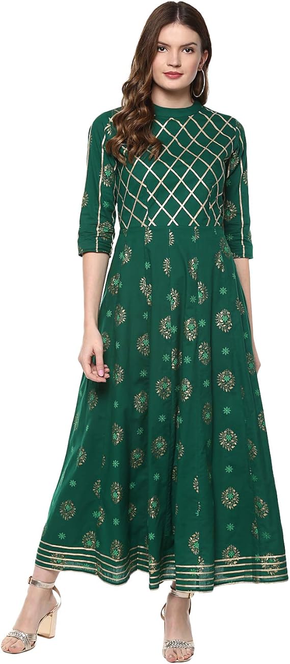 Idalia Women&#39;s Gold Print Dark Green Anarkali Cotton Kurta