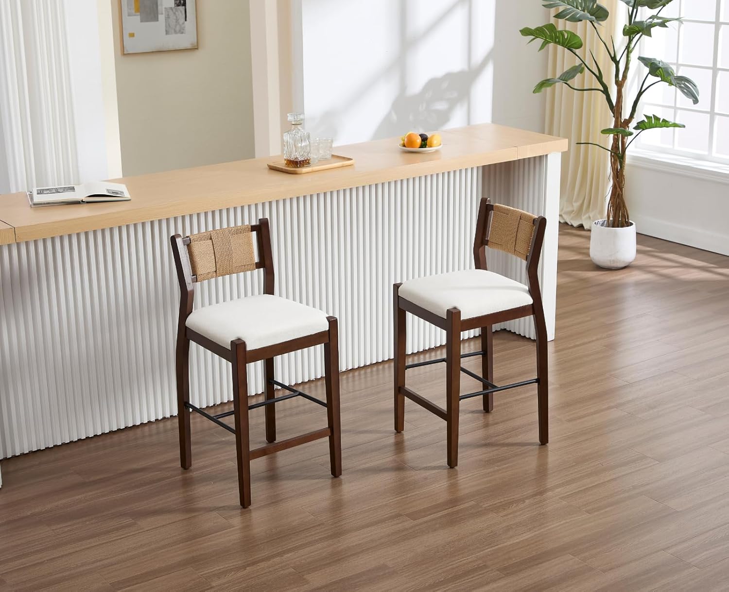 CIMOTA Rattan Counter Height Bar Stools Set of 4, 26" Boho Barstools with Woven Backs, Mid Century Walnut Wood Bar Stool Chairs Sherpa Upholstered Counter Stools for Kitchen Island/Counter/Bar,White