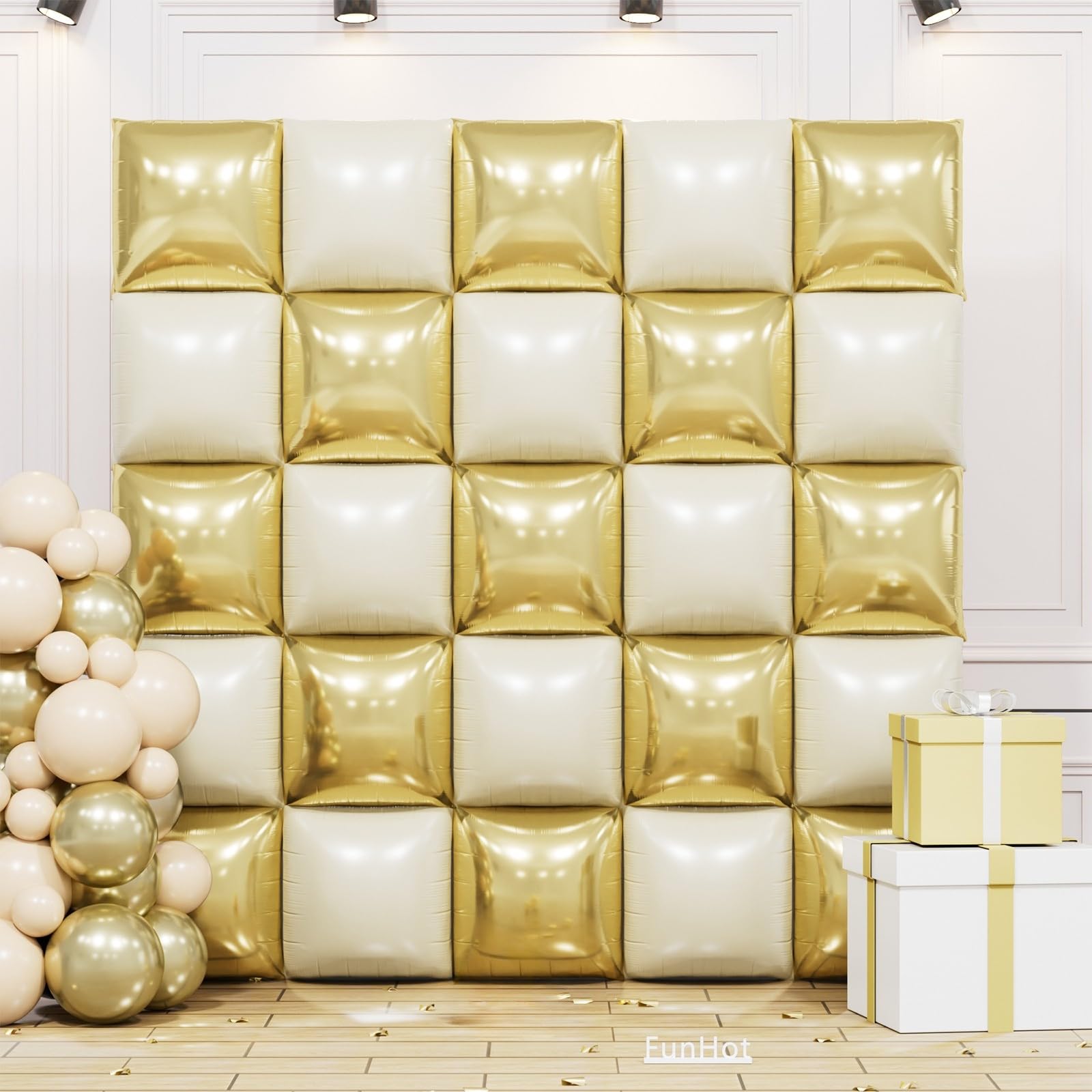 Gold Cream and White Square Foil Balloon Wall,19 Inches Double Sided Chrome Square Balloons Tunnel Arch Kit for Birthday,Baby Shower,Graduation,