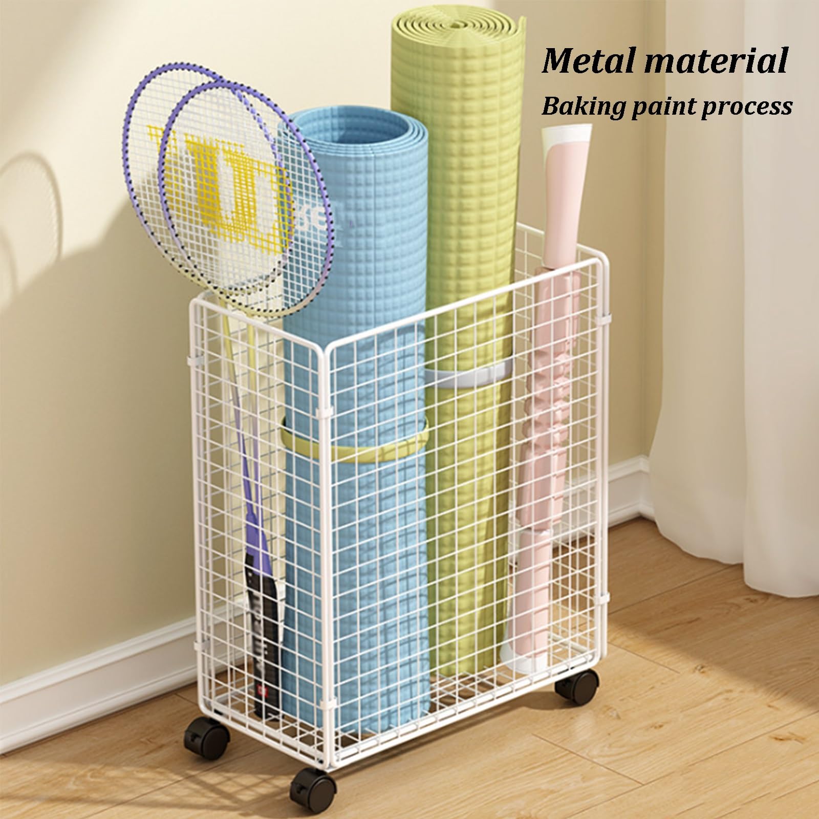 MRKU Cesto portabiancheria Pieghevole in Metallo con Ruote, Carrello portabiancheria con Ruote, Struttura in Rete, Organizer per Vestiti sporchi