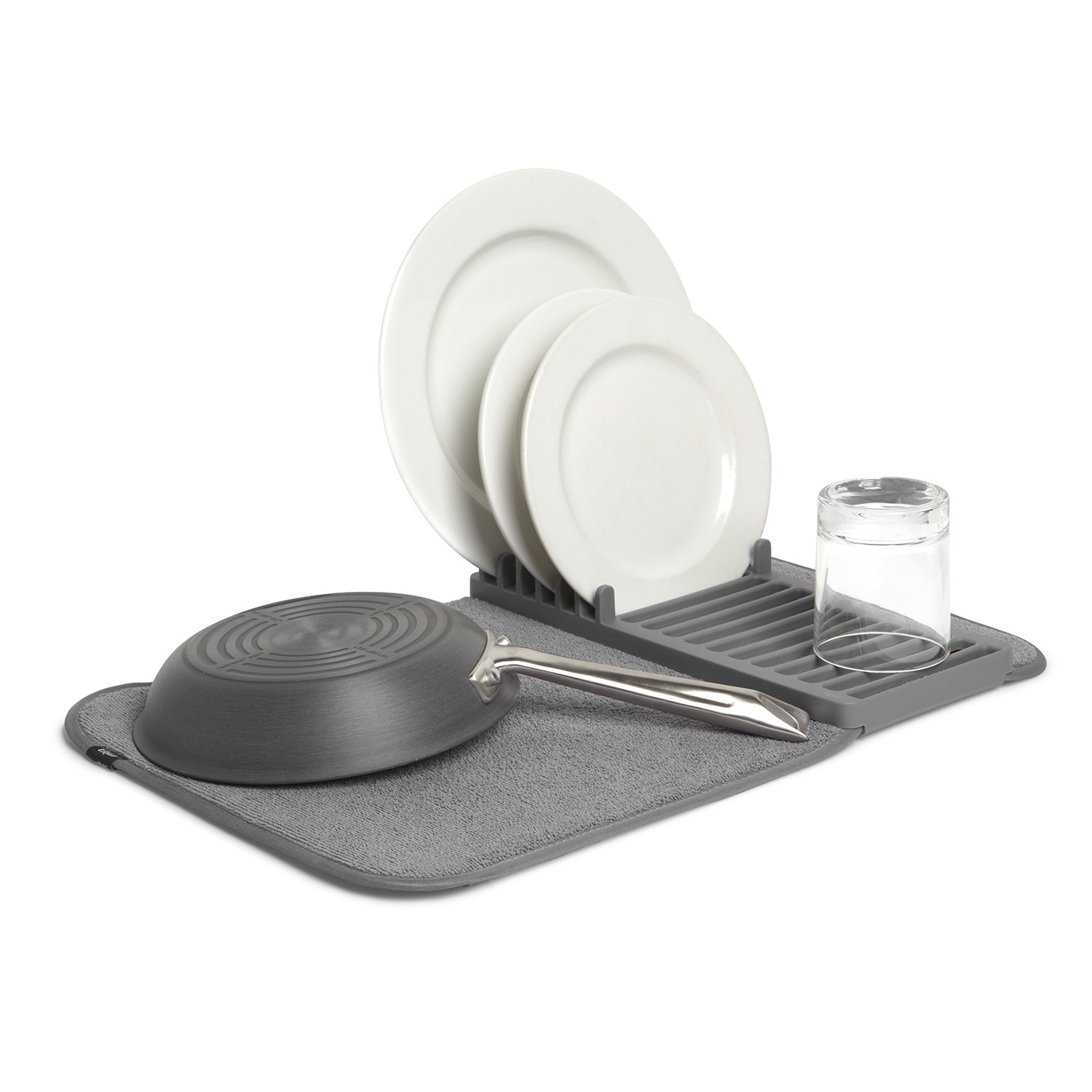 Umbra UDRY Rack and Microfiber Dish Drying Mat-Space-Saving Lightweight Design Folds Up for Easy Storage, Mini, Charcoal