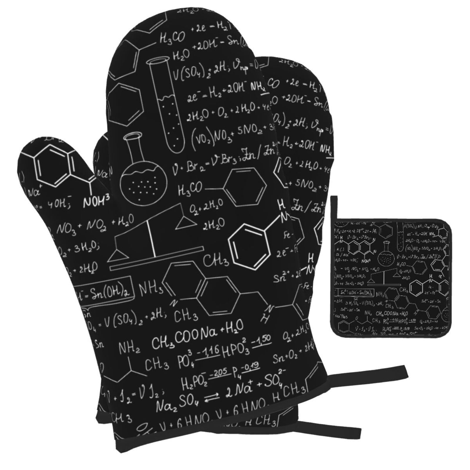 Abstract Science Chemistry Printed Oven Mitts and Pot Holders Heat Resistant Set of 3 Pcs, Modern Kitchen Gloves & Potholders for Cooking Baking Grilling