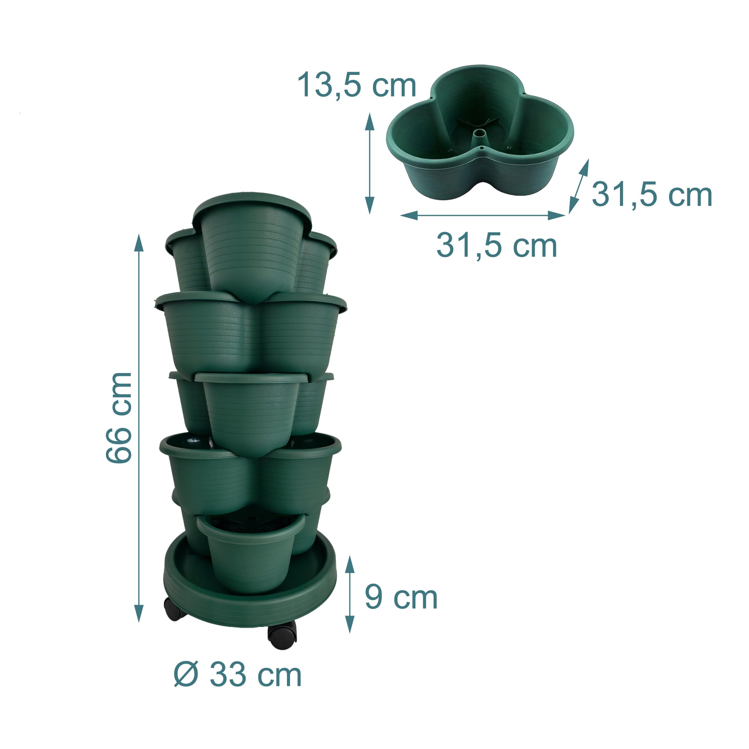 Relaxdays Torre para Plantas jardín Vertical apilable con Ruedas 66x33 cm Torre de Fresas 5 Niveles PP Verde