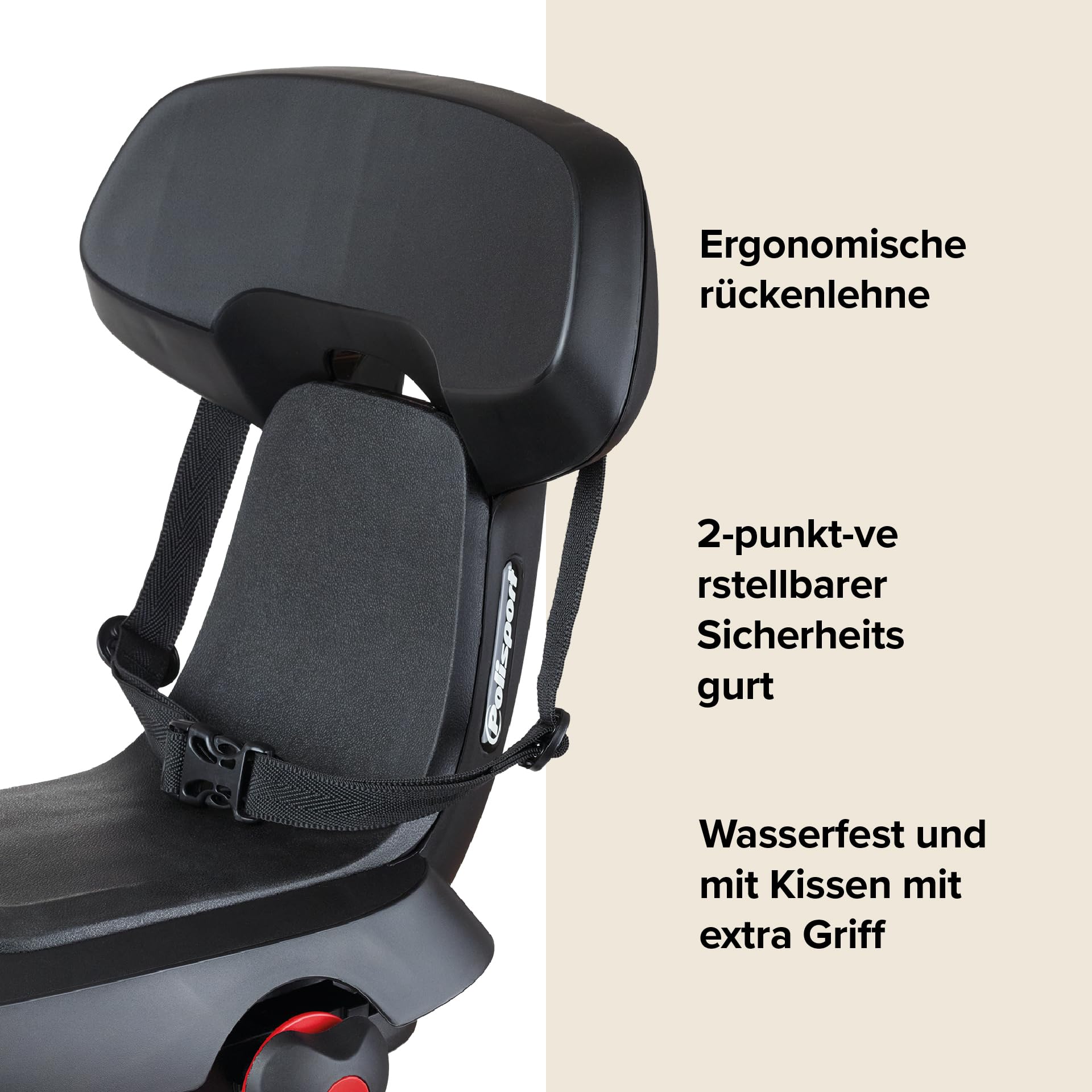 Polisport Guppy Junior AMZ All Black 8636100027 - Kinder-Fahrradsitz Hinten, Alter 6+, Größe 1,10 M+, Max. 35 Kg, Kinderfahrradsitz, Klappbare Fußstützen, Radschutz, Für Gepäckträger, Schwarz