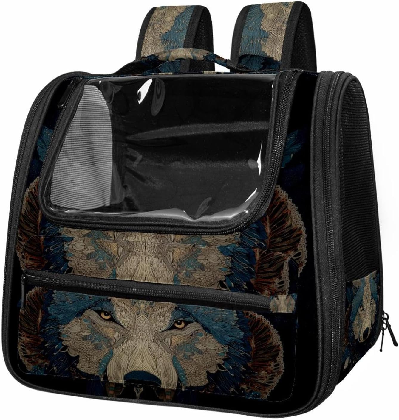 Portable Travel pet Backpack Carrier Hamster Bag Small Dog cat Carrier Breathable Hang Bag, Wolf Animal Print (3)