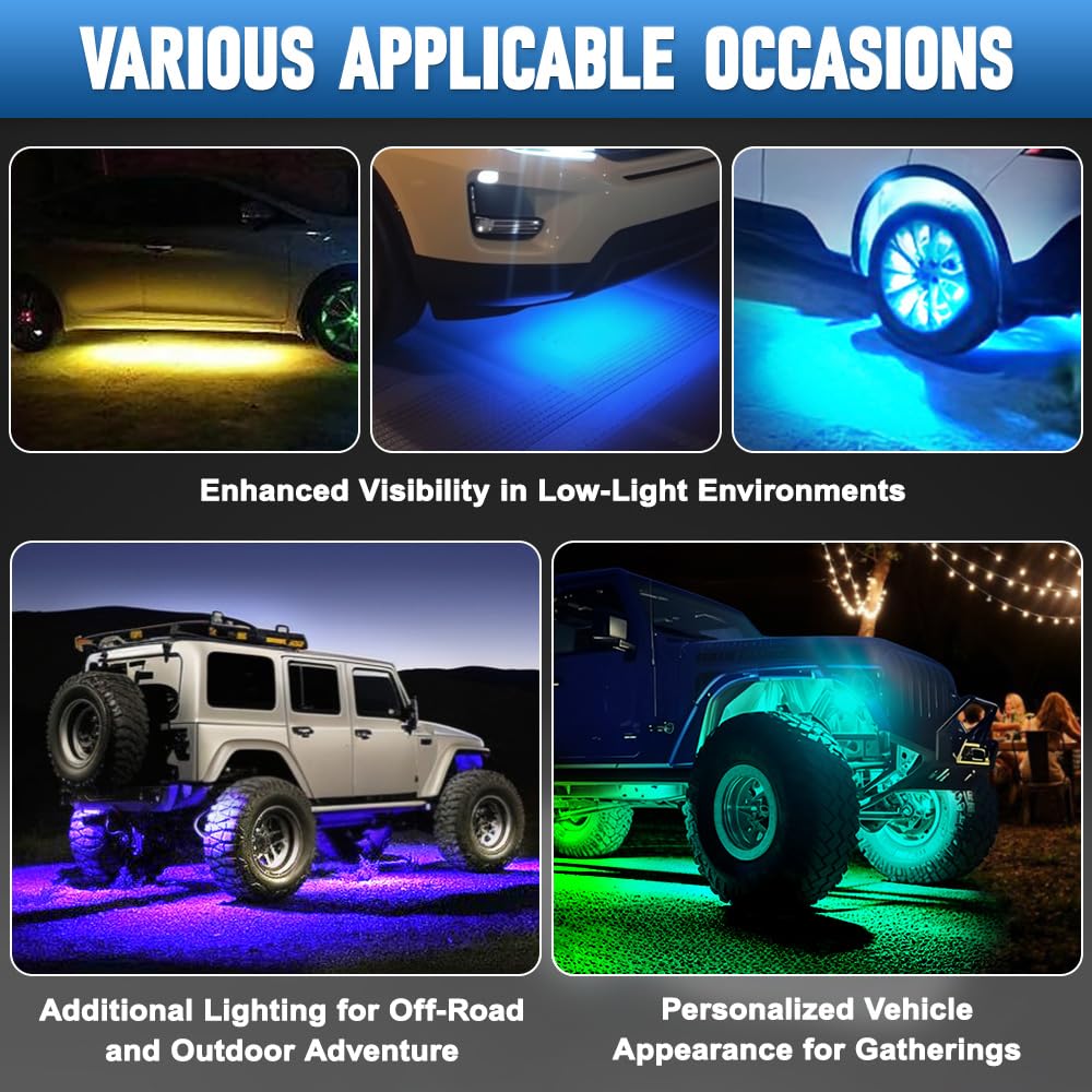 Riloer Zestaw świateł samochodowych 9-36 V RGB Rock Ambient LED, pilot zdalnego sterowania i aplikacja, kompatybilny z Jeepem, ciężarówką, SUV-em, ATV, UTV, motocyklem, 4 w 1