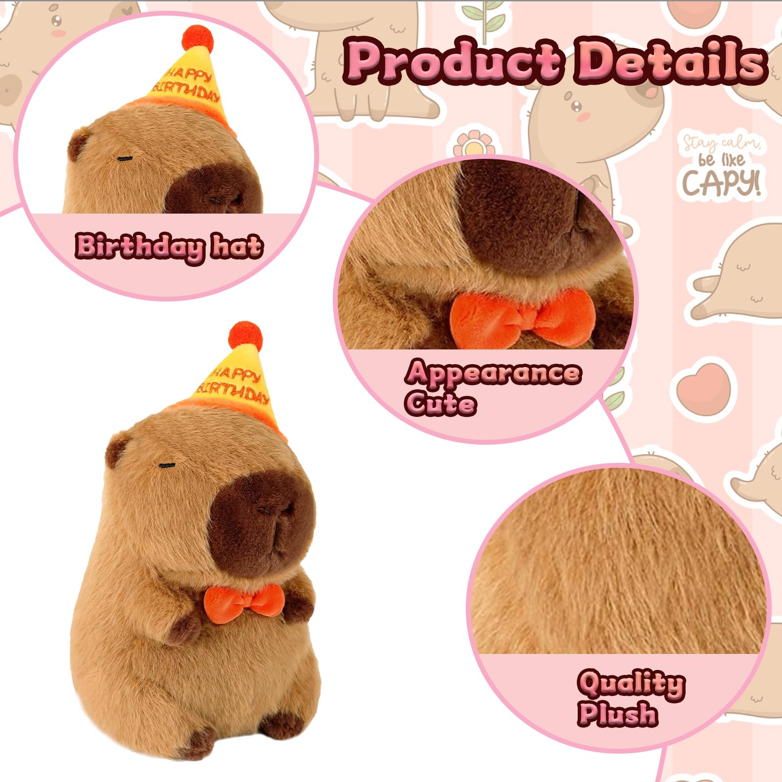 Capybara Plush 25cm Soft Stuffed Animal with Birthday Hat, Adorable Capybara Teddy Toy, Perfect Capybara Gift for Birthdays, Playtime, and Home Decoration — view 3