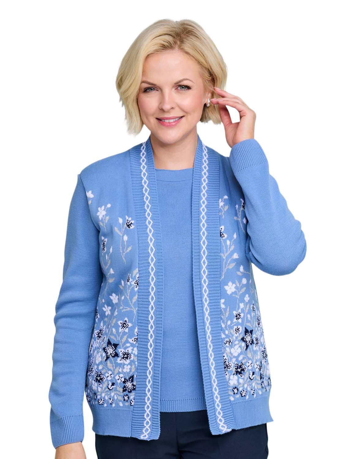Chums Ladies Floral Jacquard Mock Twin Set Cardigan with Elegant Edge Trim Detail, Comfortable Stretch Fit Dusky Blue 20-22