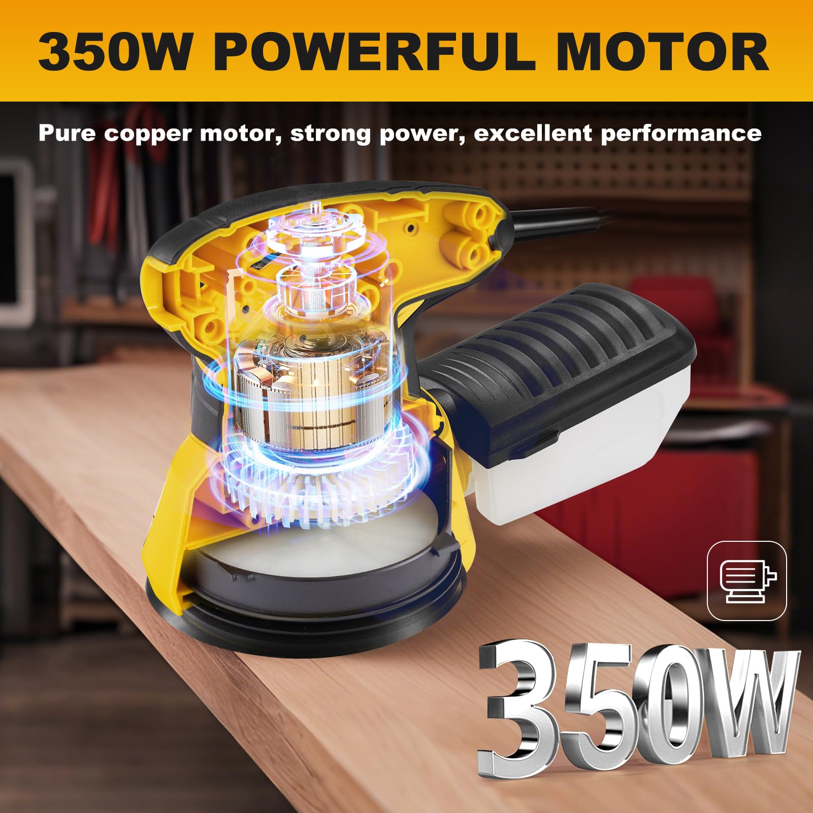 Enventor Exzenterschleifer 125mm, 350W Schleifmaschine 6000-13000 OPM, 6 Gänge, Multischleifer mit Absaugung und Staubbehälter, Schleifgerät inkl. 20 Stück Schleifpapier für Holz und Stahloberflächen