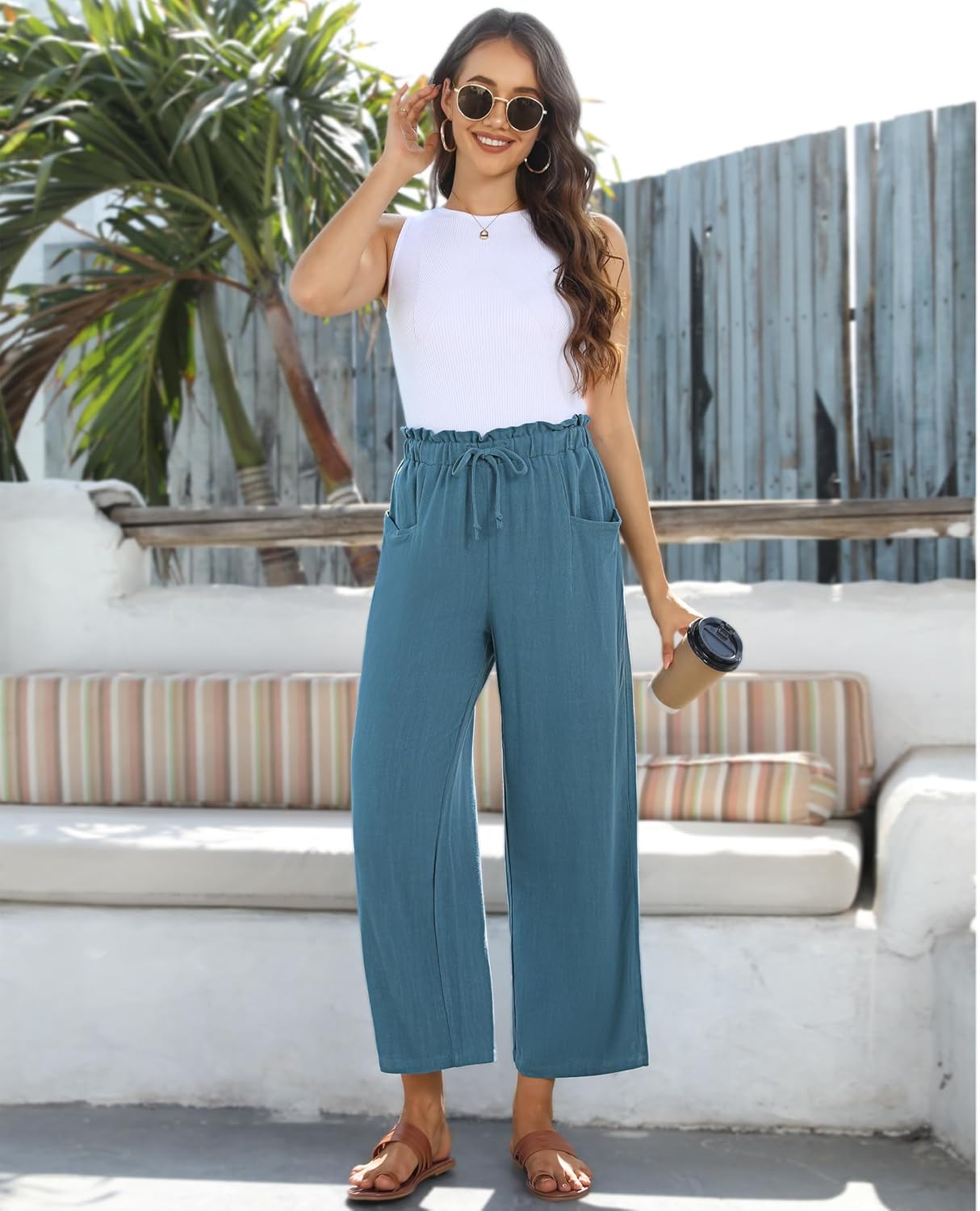 siliteelon Wide Leg Linen Pants for Women Summer Capri Palazzo Flowy Pants Casual Loose High Waist Trousers with Pockets - Image 4