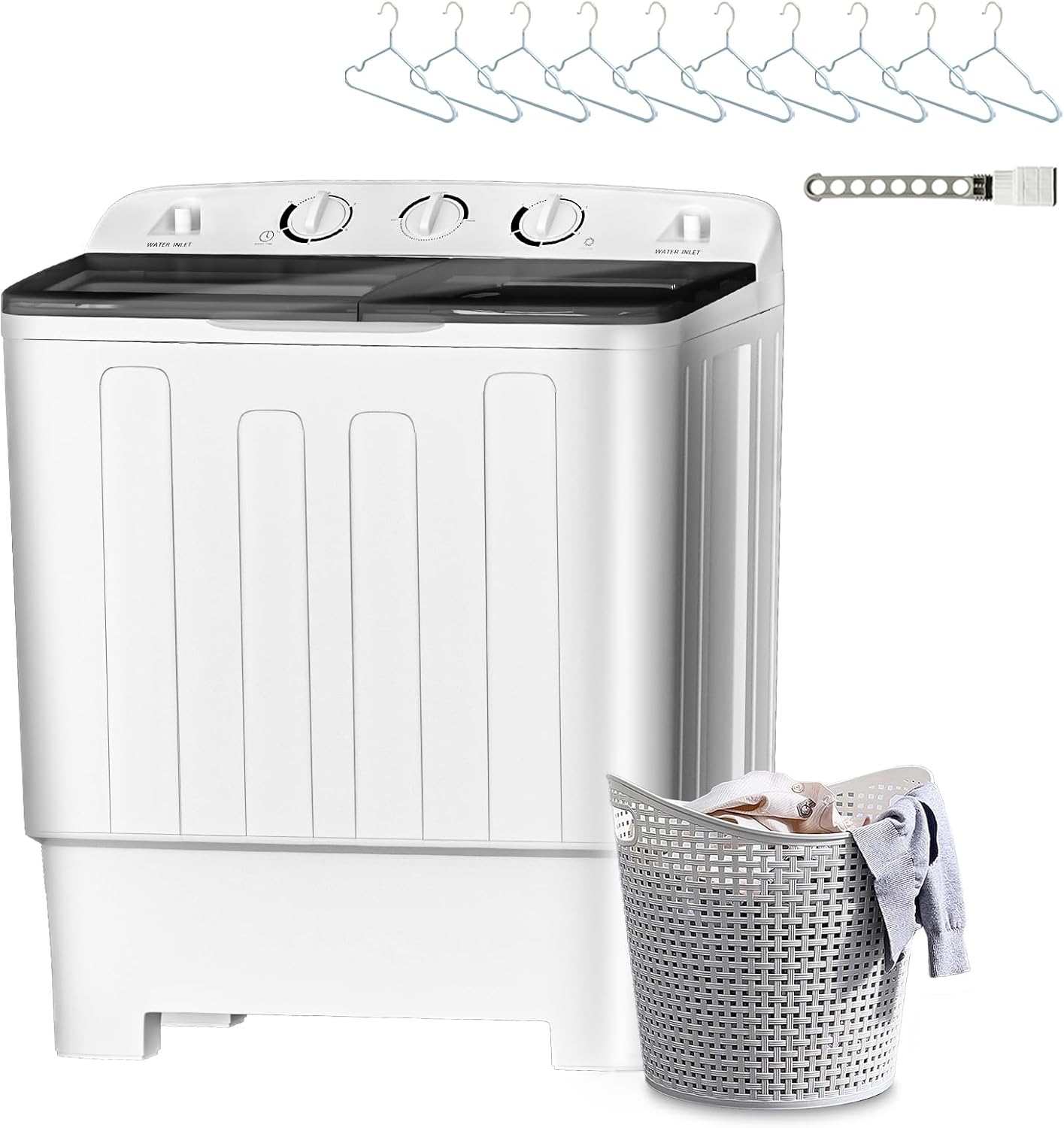 Portable Twin Tub 32lbs Washing Machine with Drying Rack&10 Hangers, 20lbs Washer Mini Compact Laundry Machine and Spinner, Semi-automatic Washer Combo for Dorms, Apartment