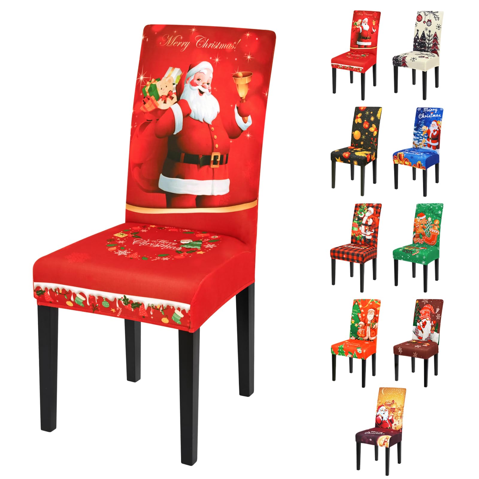 Yugarlibi Juego de 4 o 6 fundas elásticas para sillas de Navidad, universales, elásticas, lavables, para comedor, hotel, fiesta (4 unidades, Papá Noel y alce)