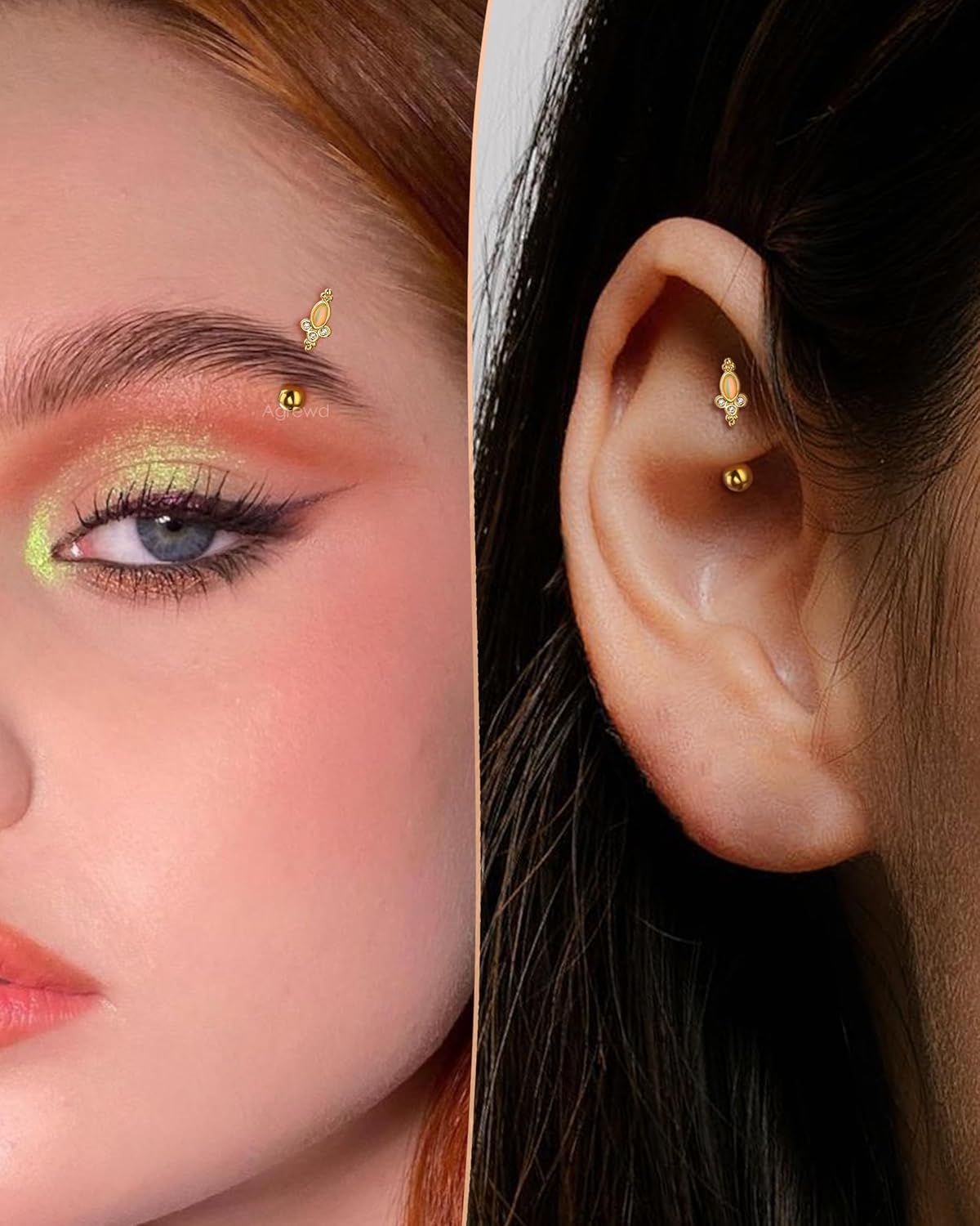 Vintage Green Blossom Rook Earring, 16G Gold Rook Eyebrow Jewelry, Stainless Steel Rook Eyebrow Piercing Jewelry - Image 2