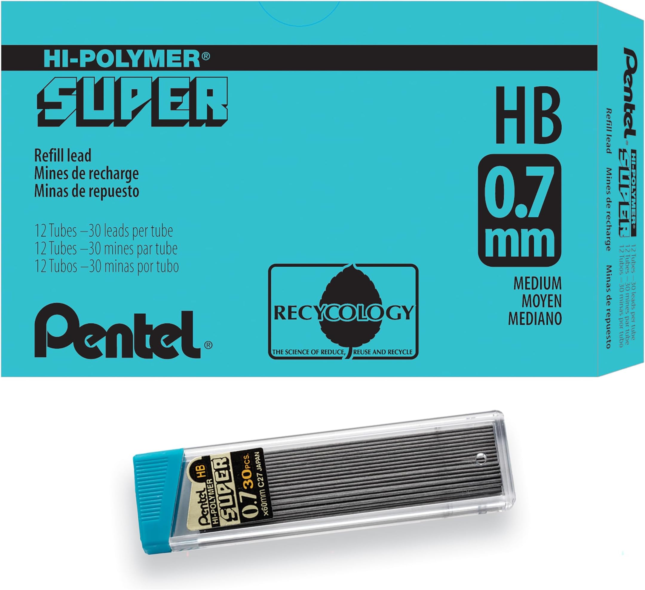 Super Hi-Polymer Lead Refill, (0.7mm) Medium, HB, 360 Pieces of Lead (C27-HB)