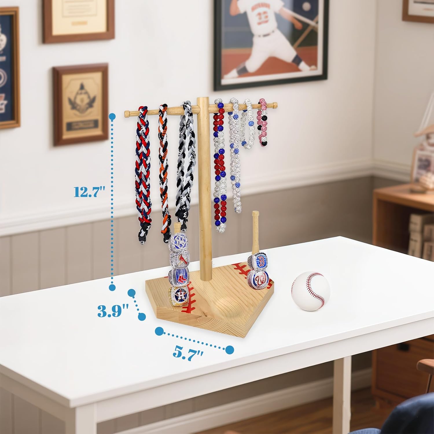 rain bunny Wooden Baseball or Softball Drip Necklace Organizer Holder, Baseball Ball Display Stand, Championship Ring Display Holder, Sports Ring Holder, Necklace Baseball Display Gift (Natural)