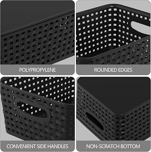 Miniatura 3 de Begale Paquete de 6 cestas de almacenamiento de plástico, contenedor de almacenamiento tejido, 3 negros y 3 grises