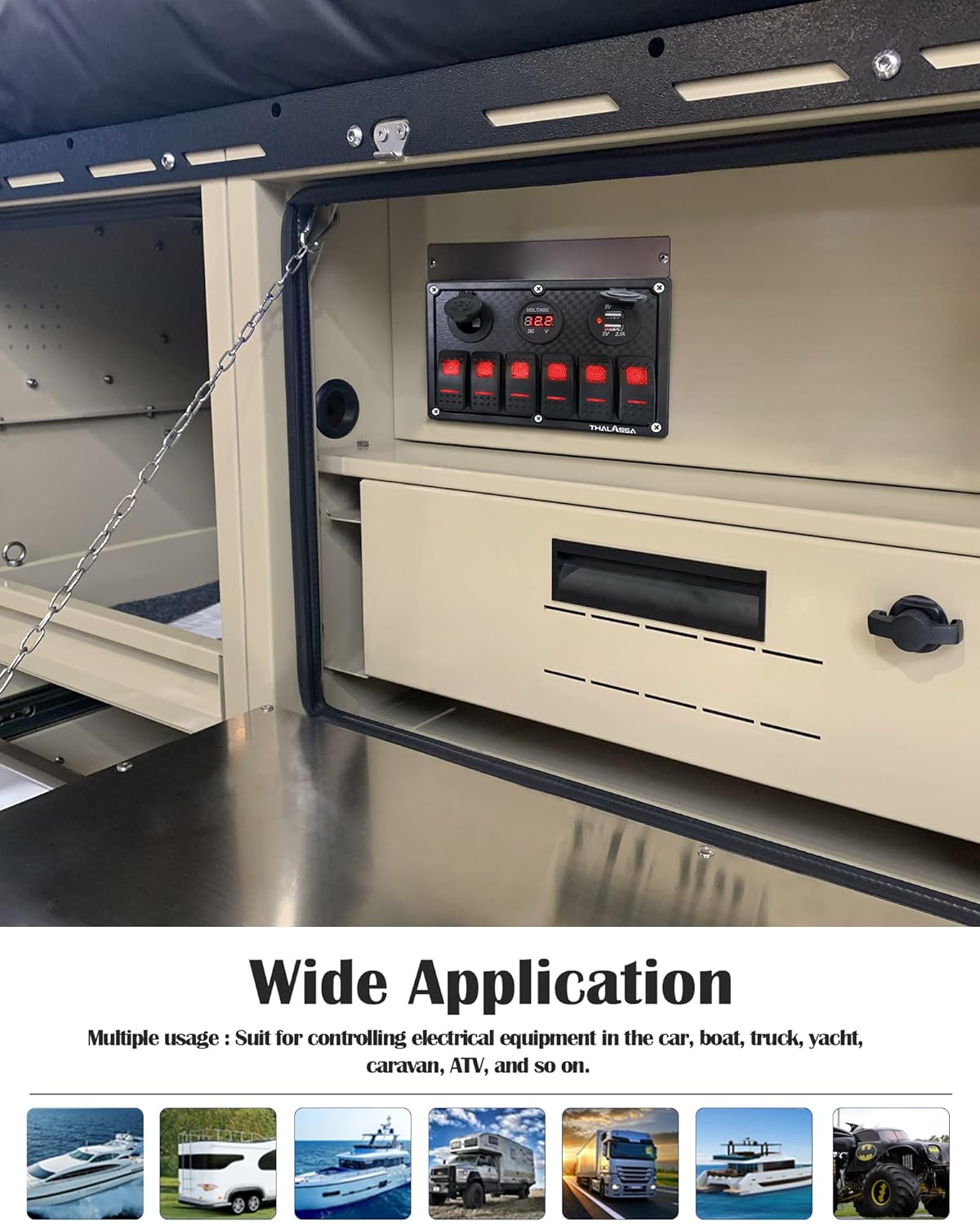 6 Gang Boat Rocker Switch Panel Waterproof Marine DC 12V LED Illuminated Switches with Digital Voltage Display, 3.1A Dual USB Outlet, 12V Power Charging Port for RV Car Truck Vehicles Yacht