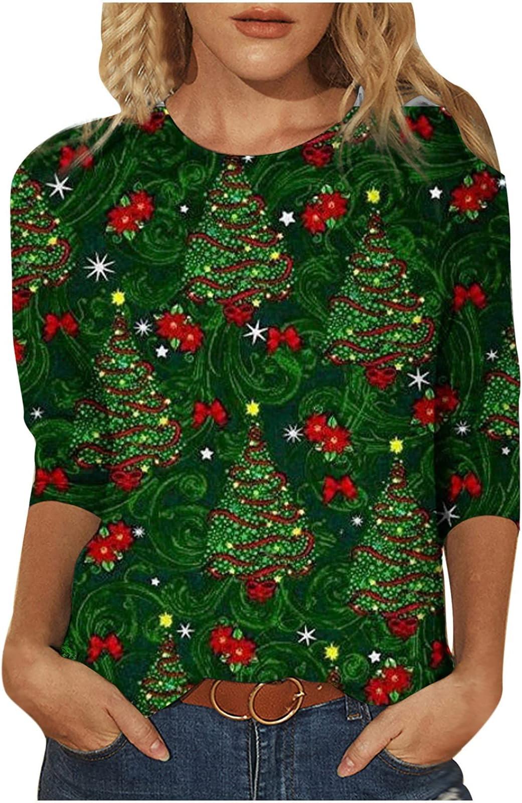 AMhomely Womens Christmas Tops 3/4 Sleeve Summer Tops Crewneck Ladies Christmas Jumper Funny Graphic Snowman Xmas Sweatshirt Crew Neck Pullover Tops Blouse Christmas T Shirt for Women UK