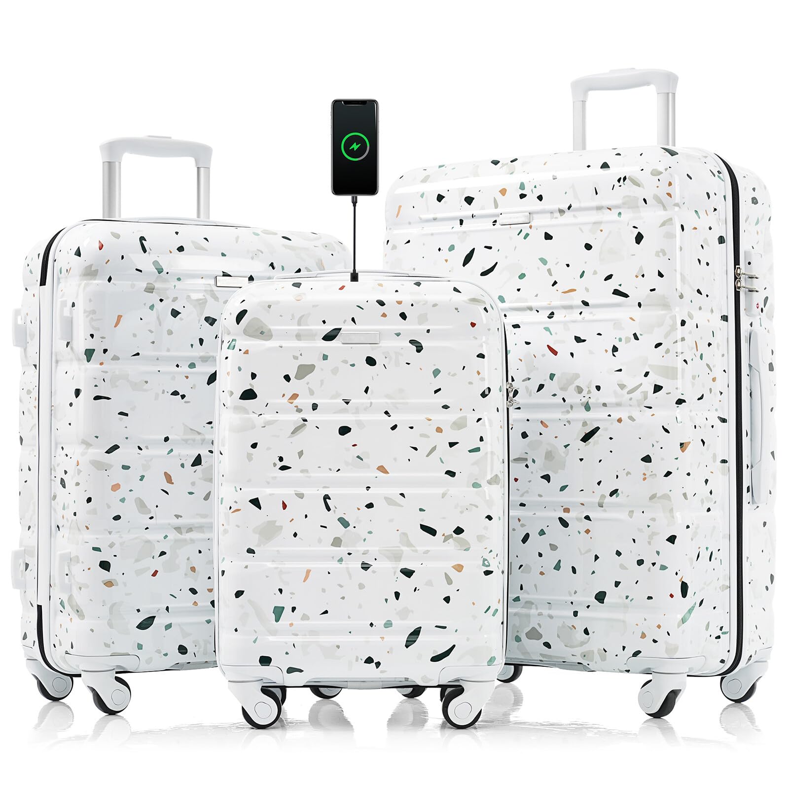 Luggage Set of 3, 20-inch with USB Port, Airline Certified Carry-on Luggage, ABS+PC Hard Shell Luggage with Spinner Wheels,starry sky white
