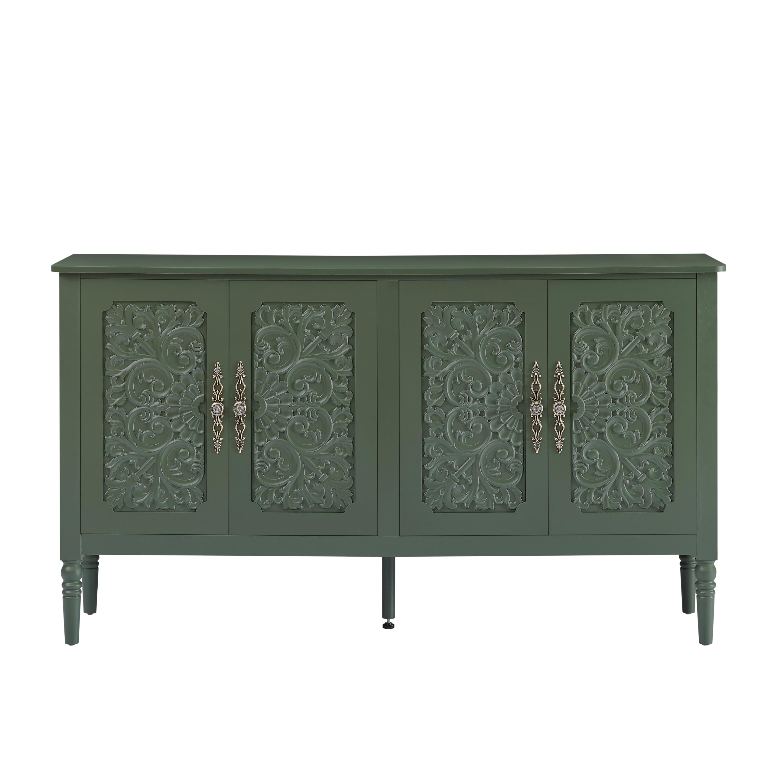 Komoda w stylu vintage z rzeźbieniem reliefowym, zielona, 160 cm – drzwi 3D, zaokrąglone narożniki, mosiężne uchwyty, szafka do przechowywania do salonu, jadalni, przedpokoju