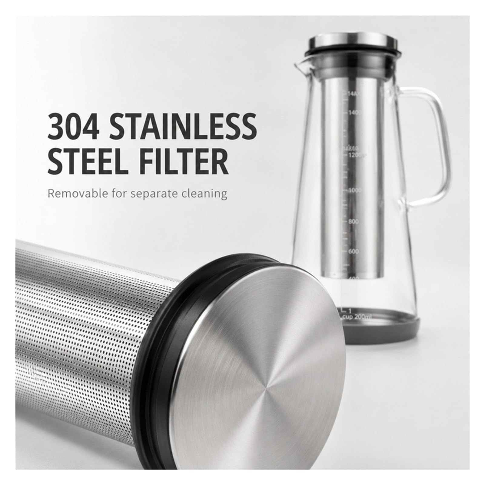 Caffettiera Cold Brew da 1,4 L, Caraffa Cold Brew con Filtro Fine Rimovibile, Brocca caffè Freddo in Vetro Borosilicato e Acciaio Inox per caffè e tè(1000ml)