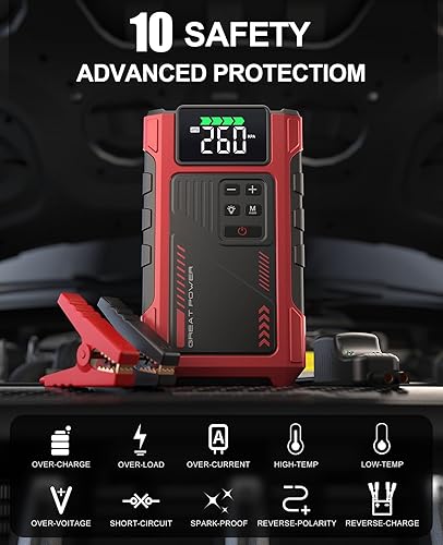 Miniatura 5 de Arrancador de coche de 4000 A con compresor de aire, cargador de batería portátil Jumpstart de 12 V, paquete de energía con inflador de neumáticos