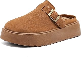 Suede Clogs for Women Adjustable Buckle Platform Mules Cork Footbed Sandals Slip On Slippers Potato Shoes with Arch Support