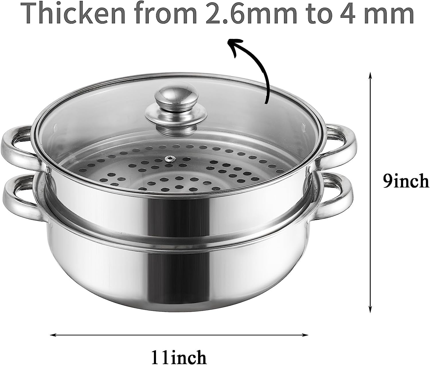 ZENFUN 2.1L Steamer Pot with Steamer Insert, 2 Tier Stack and Steam Pot Set with Glass Lid, Stainless Steel Saucepot Double Boiler Steaming Cookware for Kitcken Cooking, Double Handle, 28CM