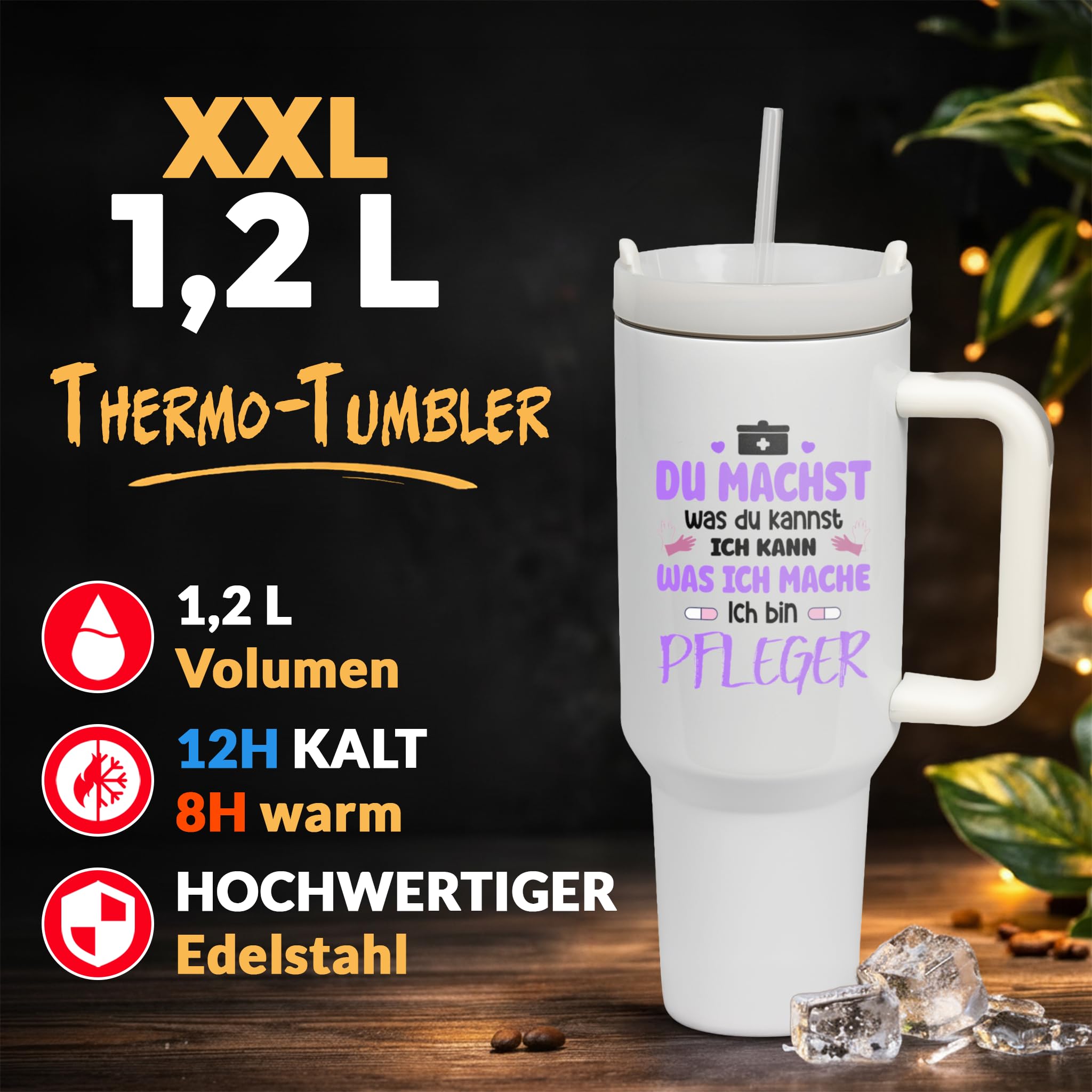 XXL Thermobecher für Pfleger – Geschenk zum Geburtstag, Abschied & zur bestandenen Prüfung – Edelstahl Trinkflasche, Weiß mit Spruch Du machst was du kannst (WIEDERVERWENDBAR)