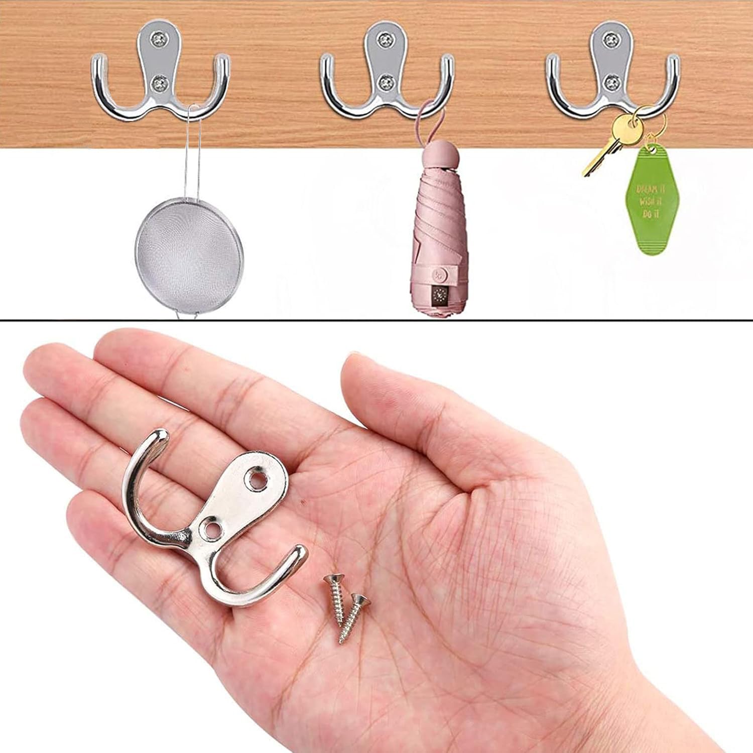 SUJIBHI 6 Pcs Double Prong Coat Hook Dual Coat Door Hooks Wall Mounted Hanging Clothes Metal Door Hooks with 12 Pcs Screws for Bathroom Bedrooms Hanging Clothes Robe Towel Kitchen,Silver - Image 3