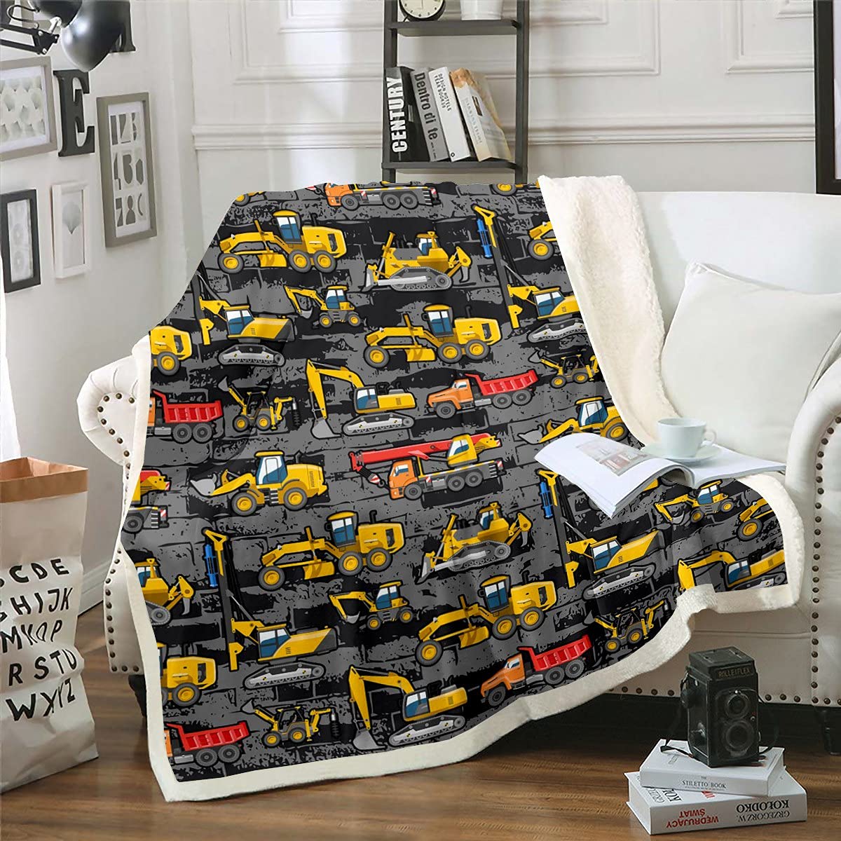 Homewish Jungen Bagger Sherpa Decke, Traktor LKW Decke für Kinder Jugend, Cartoon Baufahrzeug Plüsch Bettdecke Under Construction Fleece Flanket Schlafzimmer Dekor Gelb Grau 130x150
