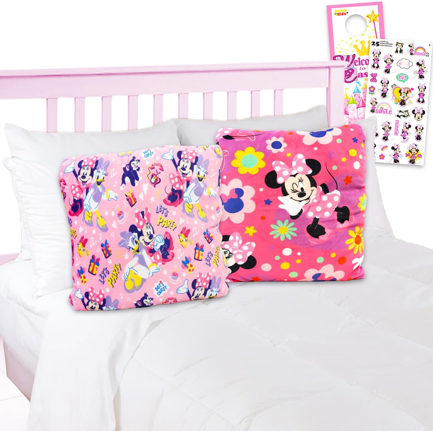 Disney Minnie Mouse Decorative Pillow Set - Bundle of 13" Plush Cuddle Pillow for Kid Bedroom Accessories Plus Stickers, More | Minnie Accessories Set