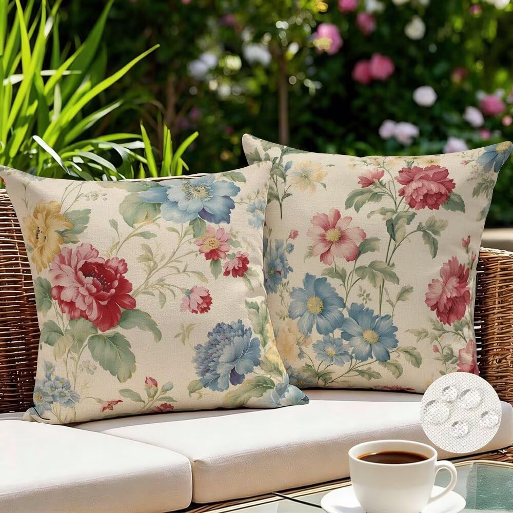 Outdoor Cushions Waterproof Spring Cushion Covers 35cm x 35cm Set of 2 Floral Garden Cushions Retro Cushion Cover Decorative Pillows Linen Throw Pillow Case for Couch Sofa Garden Furniture (IU181)