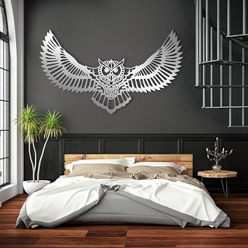 Metal Owl Wall Art, Owl Wall Decor, Metal Art Owl, Metal Owl Outdoor Decor, Owl Wall Decor Metal, Metal Wall Art Wildlife, Animal Wall Art, Yard Birds Metal, Metal Home Decor Silver, 30"x18" | 76x45cm