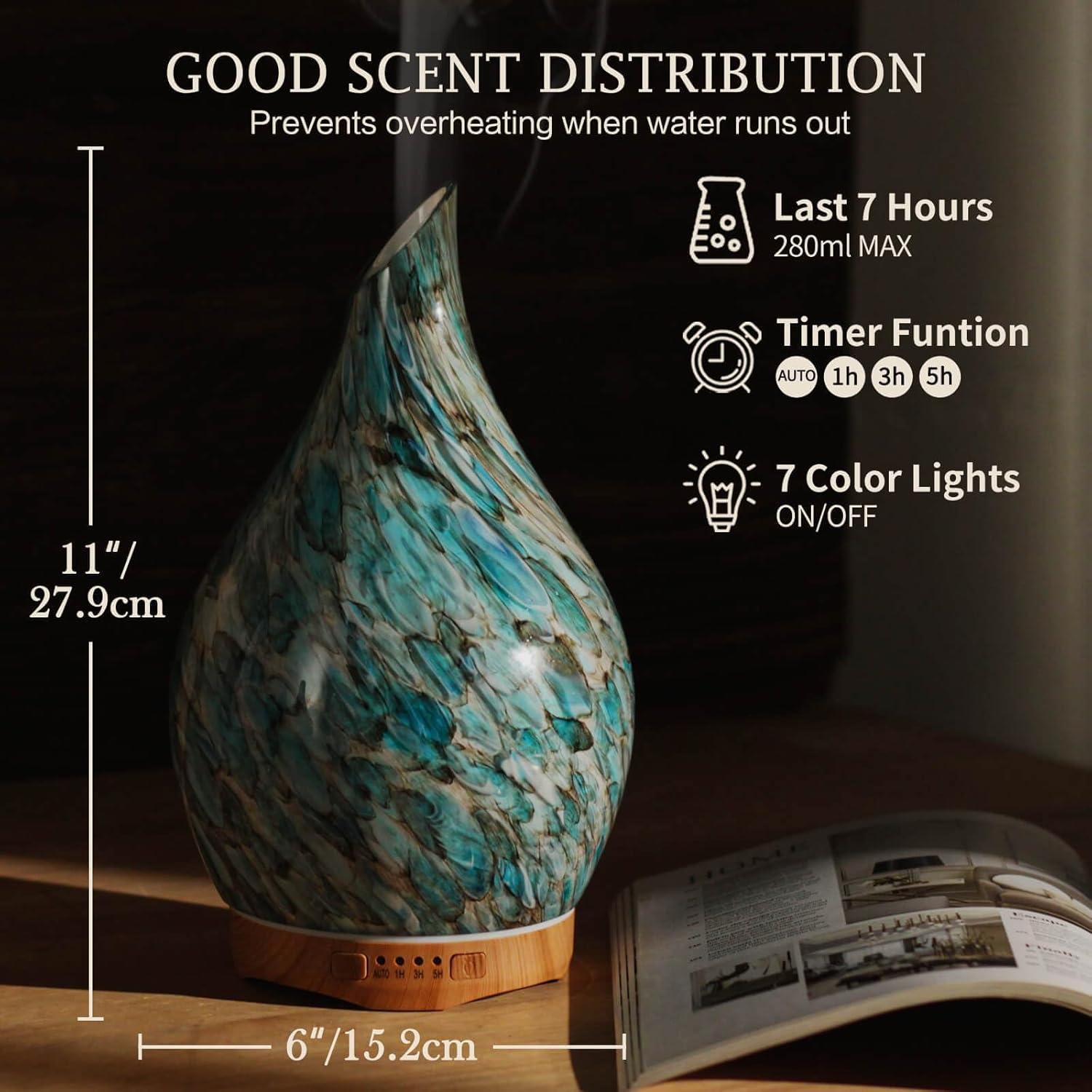 Porseme 280ml Essential Oil Diffuser Glass Color Changing Aroma Air Diffusers Aromatherapy Ultrasonic Cool Mist Humidifier with Remote Control 7 Running Hours Waterless Auto-Off