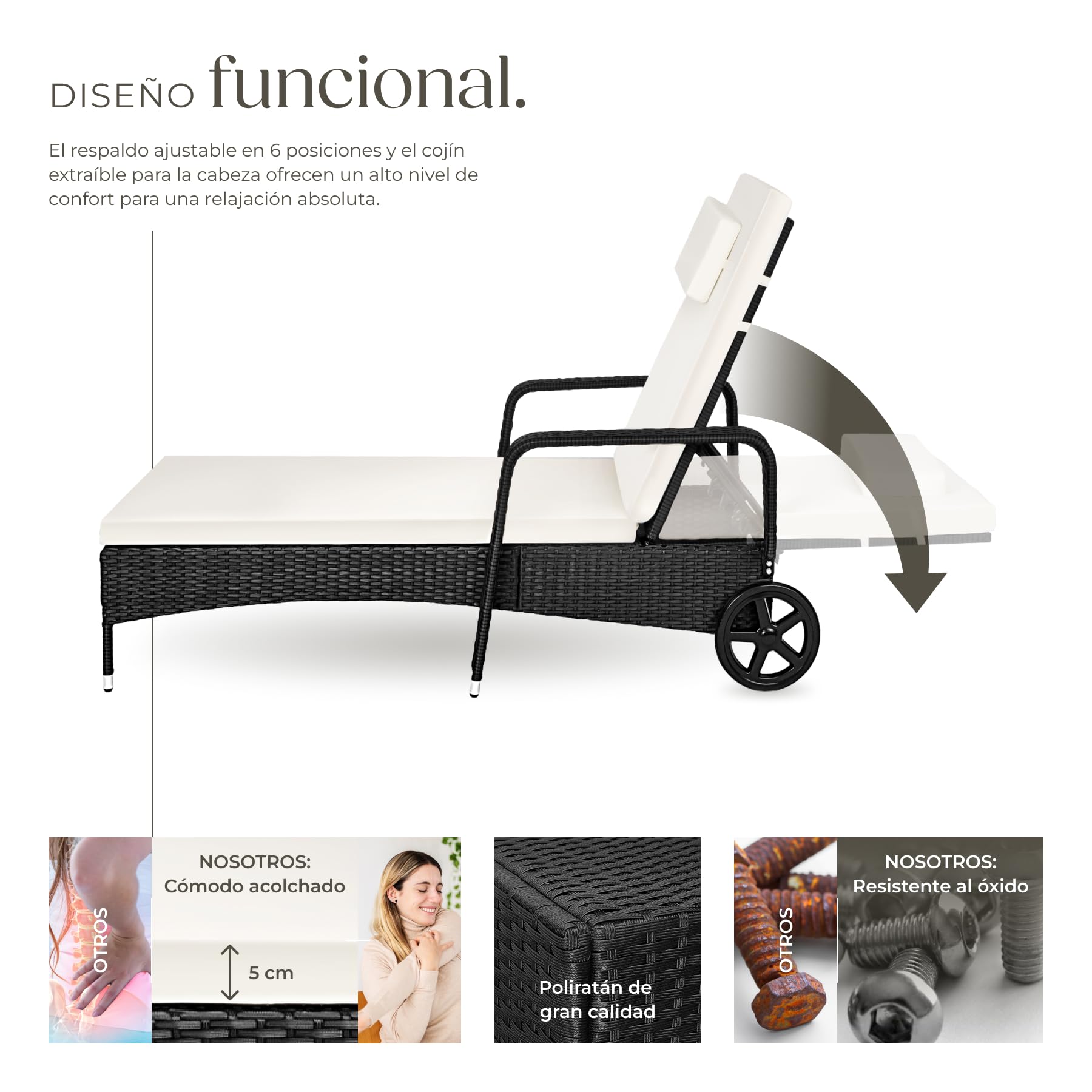 tectake®, Tumbona Chaise Longue, Ajustable de Poliratán con Ruedas, Mueble Exterior Sofa Acolchado para Jardín y Terraza, 6 Posiciones, Fácil de Limpiar, Moderno, Hamaca de Jardín - Negro/Beige