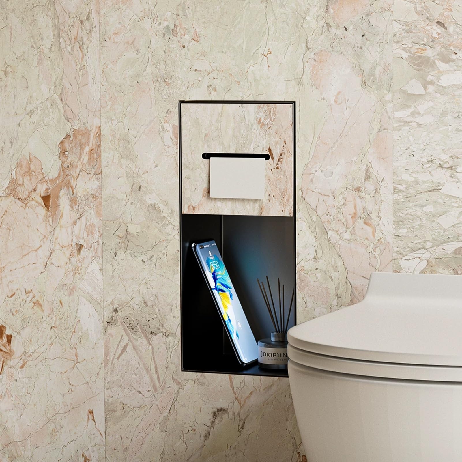 Stainless Steel Shower Niche Shelf Inserts, Over the Toilet Storage Cabinet with Toilet Paper Holde, Tileable Hidden Recessed Bathroom Cabinet