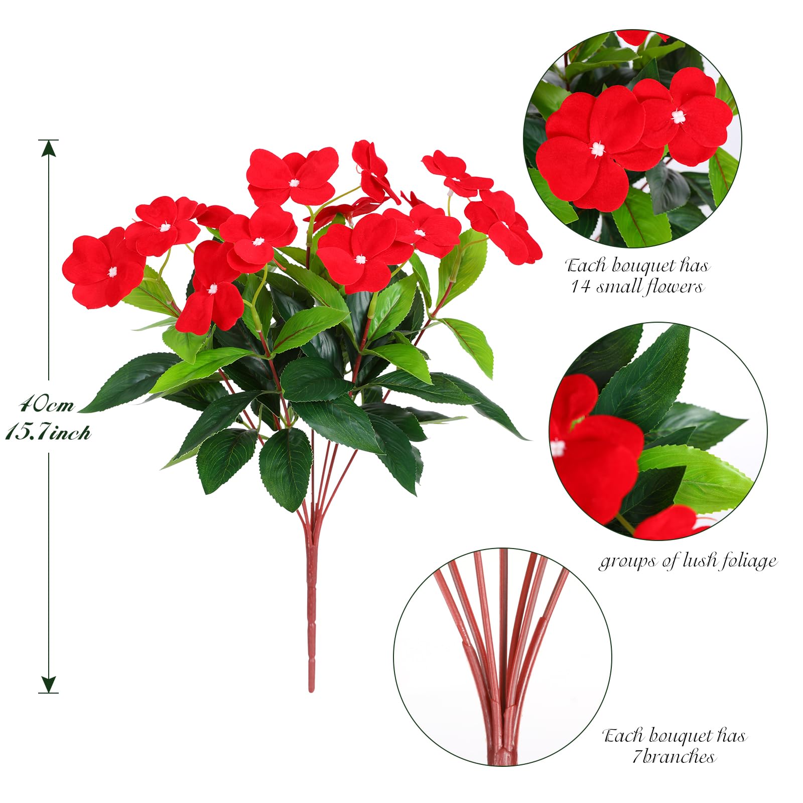 Hobyhoon Red Artificial Flower Outdoor 2pcs Silk Flower Bouquet Faux Impatiens Flowers for Outside Indoor Home Balcony Window Boxes Garden Decorations - Image 4