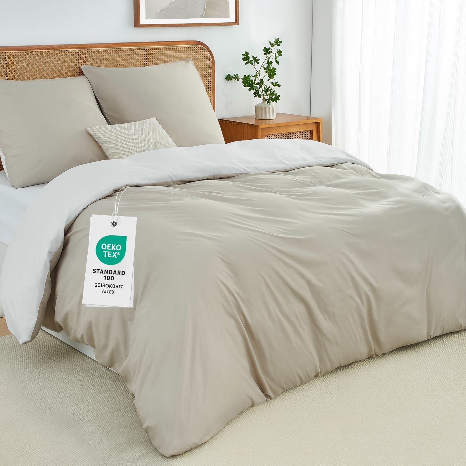 Duvetnova Double Duvet Cover Set Reversible Soft Brushed Microfiber Bedding Set Beige/White with Zipper Closure OEKO-TEX Wrinkle-Free 200x200cm with 2 Pillow Cases โ image 1