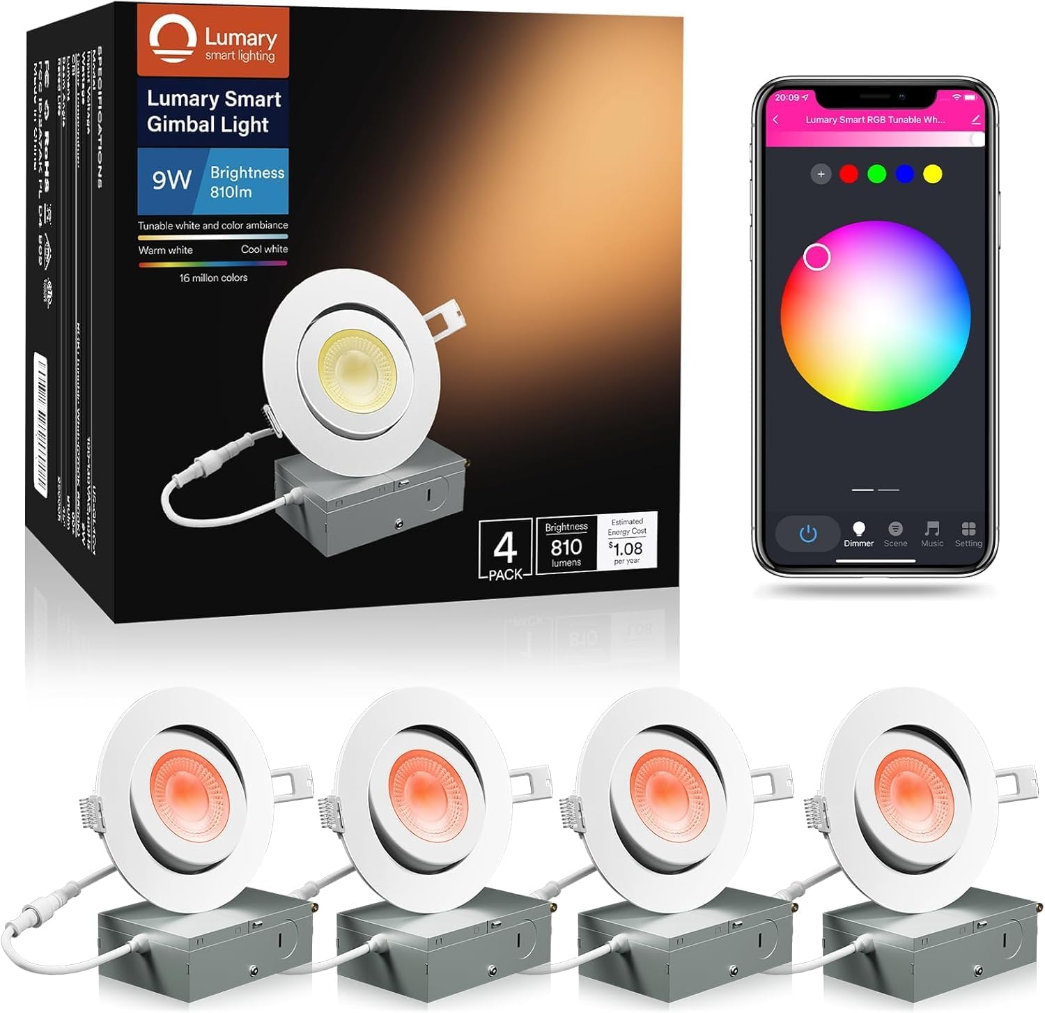 Lumary 4 Inch Smart WiFi Gimbal Recessed Lighting, 40° Tilt RGBWW Downlight Color Changing Eyeball Lights Directional 810Lm, Compatible with Alexa Google Remote, ETL & FCC Canless with J-Box, 4 Pack Lumary 4 Inch Smart WiFi Gimbal Recessed Lighting, 40° Tilt RGBWW Downlight Color Changing Eyeball Lights Directional 810Lm, Compatible with Alexa Google Remote, ETL & FCC Canless with J-Box, 4 Pack