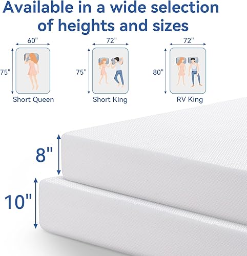Miniatura 9 de Opoiar Colchón corto para caravana de 10 pulgadas, colchón de espuma viscoelástica de gel refrescante, colchón de firmeza media en una caja, para