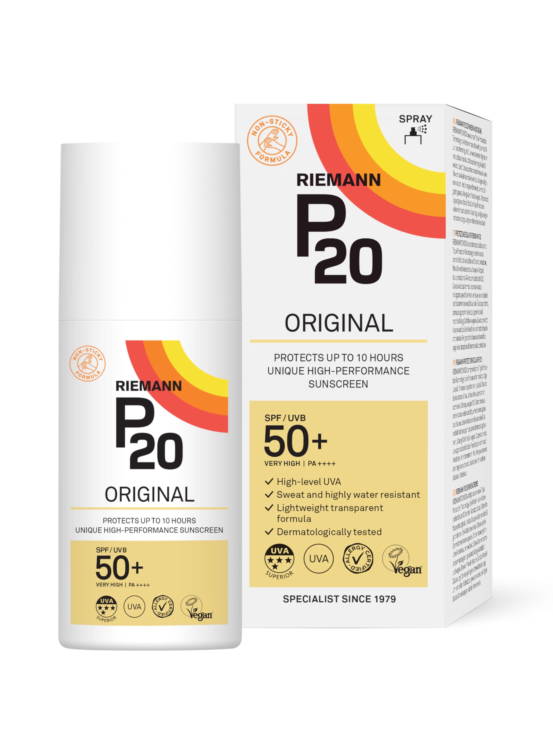 RIEMANN P20 Original SPF50 +Plus Spray 200ml, Advanced Sunscreen Protection High Performance Triple Protection, Sweat Resistance, Protects up to 10 Hours, Very Water Resistant, High UVA Protection